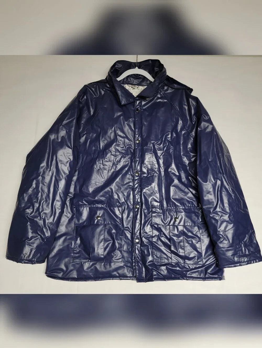 Vintage Duck Bay Heavy PVC Raincoat Flannel Lined Blue Shiny Jacket XL Gorpcore